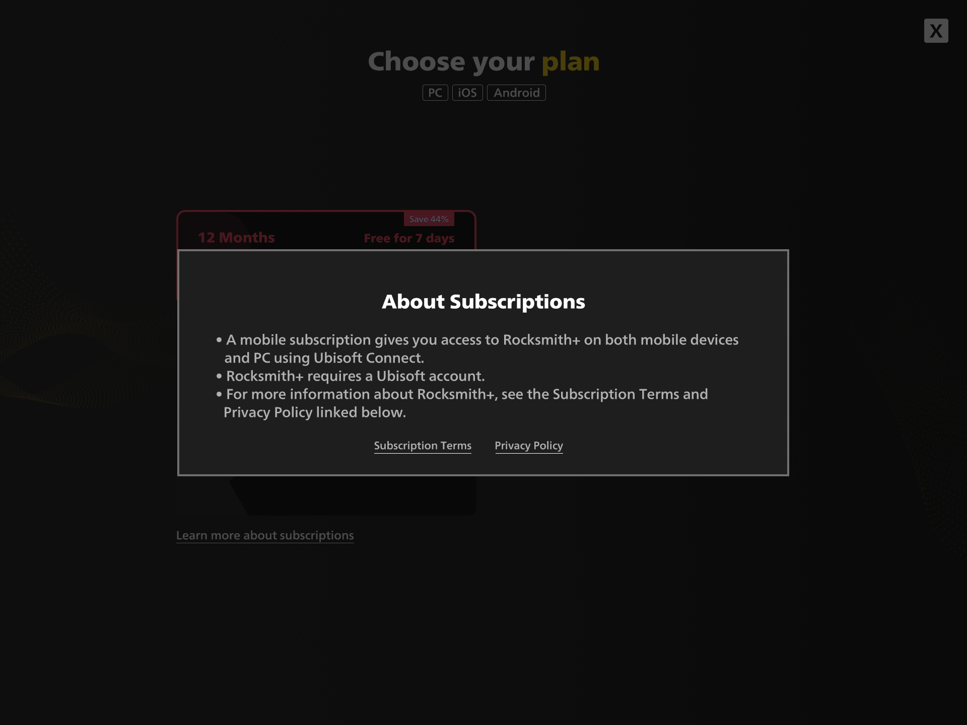 About subscriptions modal — tablet