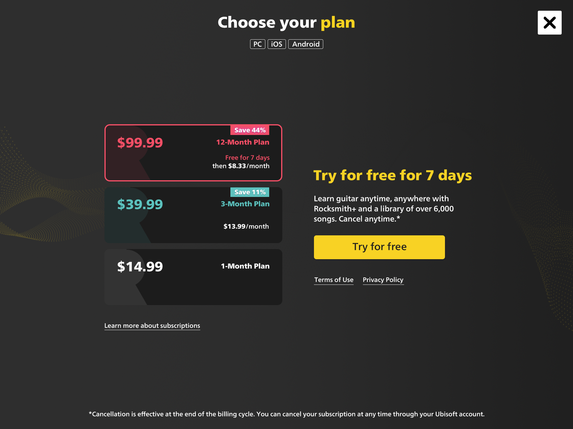 Rocksmith+ subscription screen — tablet